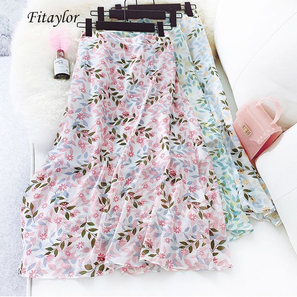 

fitaylor women summer chiffon floral skrits bohemian high waist beach long skirt female floral print mid-calf a-line skirt, Black