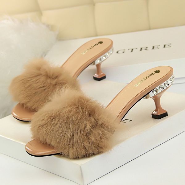 

2019 summer women's shoes ladies feather thin section high heels fur slippers open toe scorpion ladies shallow shoes slippers i, Black