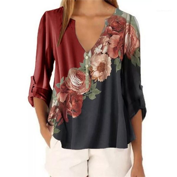 

shirts fashion patchwork retro summer long sleeve ladies blouses plus size flower pattern womens blouses deep v neck women, White