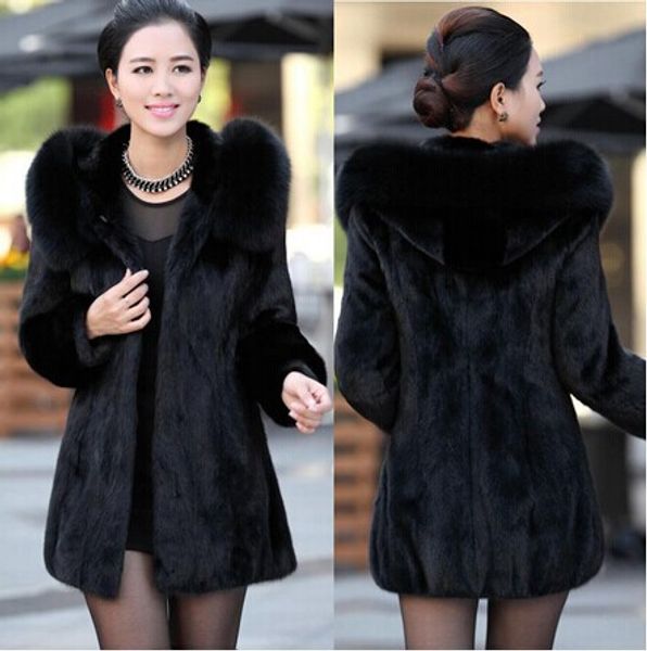 

2019 luxury faux fur coat women winter coat hooded fur collar furry medium-long lady overcoat fluffy women vv1, Black
