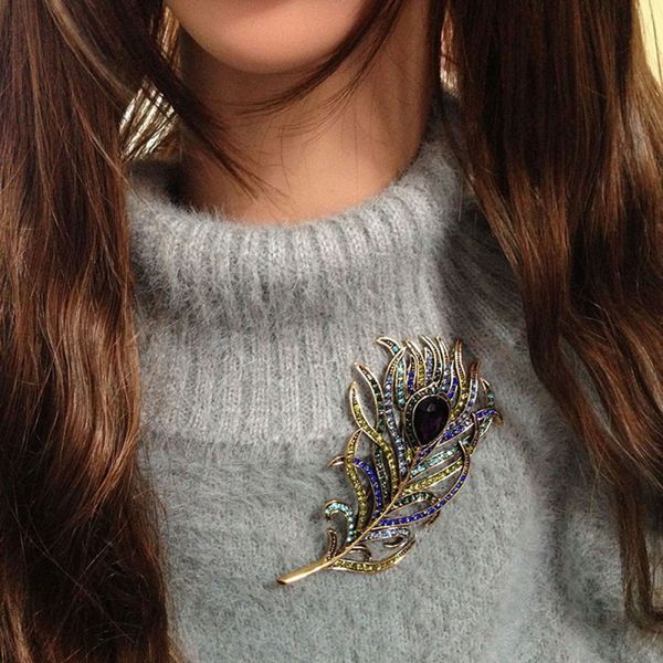 

women brooches fashion large ladies vintage feather bronze brooch pin antique gold crystal rhinestone metal jewelry accessory mm, Gray