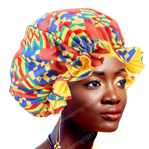 Neue muslimische extra große afrikanische Muster Satin Motorhaube große Welle Krempe Ankara Dashiki Nacht Schlaf Cap Frauen Blume Turban Hut