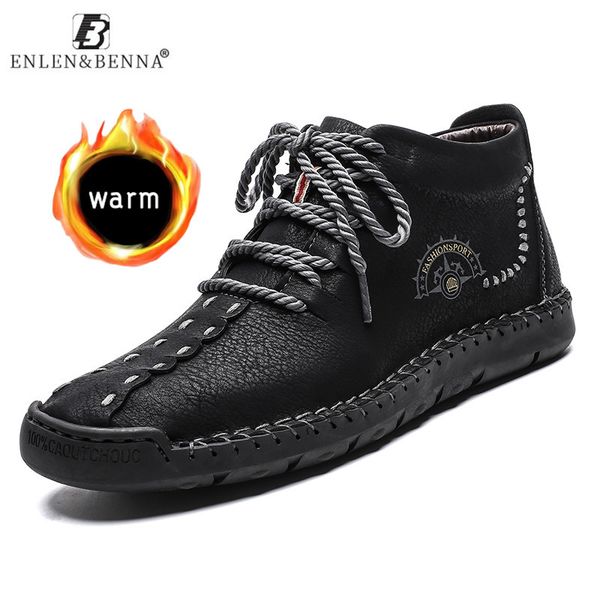 

men boots winter warm leather snow boots ankle shoes with fur plush men's breathable footwear big size 48, Black