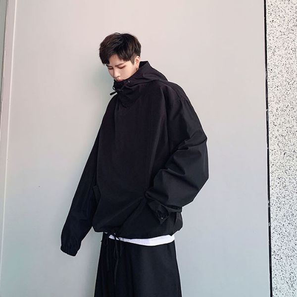 

men loose casual drawstring black hooded pullover jacket male japanese streetwear hip hop gothic bomber coat outerwear, Tan;black