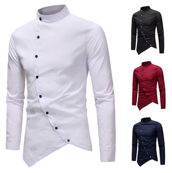 

incline single breast shirt casual men irregular asymmetry design solid color stand collar long sleeve men dress shirt ing, White;black