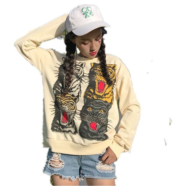 

harajuku cartoon tiger head print long-sleeved shirt autumn round neck pullover sweater female loose korean version, Black
