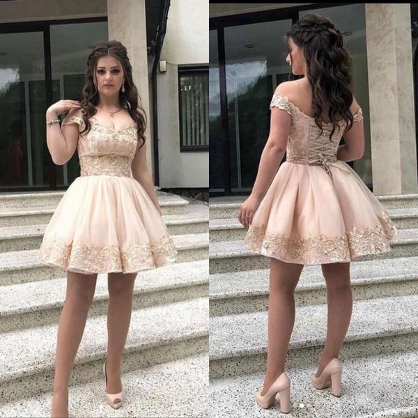 

elegant off shoulder champagne tulle a line cocktail dresses lace up back appliques lace short mini prom homecoming dress, Black