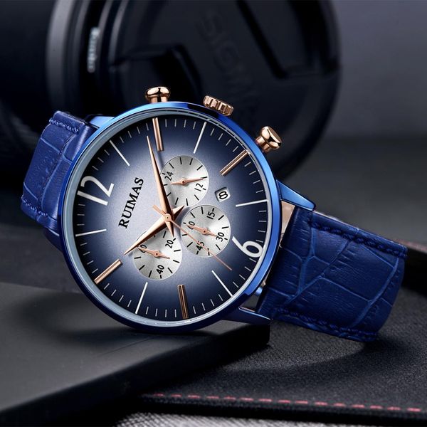 

ruimas mens watches 2019 sports quartz watch for men gifts waterproof blue watch gentlemen leather strap wristwatch montre homme, Slivery;brown