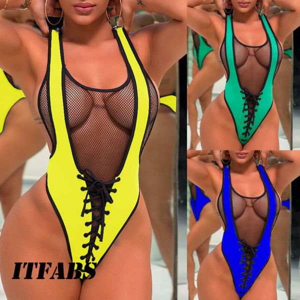 

fish mesh new swimsuit one piece swimwear women bandage see through women swimsuit v deep non padded swimming swimwear