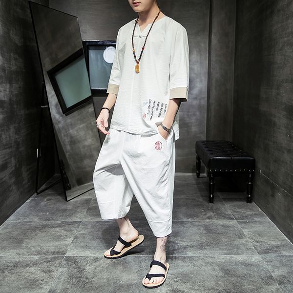 

2019 chinese style men's summer short-sleeved trend embroidered cotton two-piece loose large t-shirt tracksuit ing, Gray