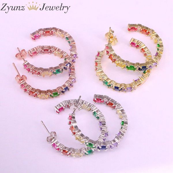 

3pairs, радуга cz цирконий micro pave cirlce серьга стержень шарма способ ювелирных изделия золото серьга красочные cz кубический цирконий ш, Golden;silver