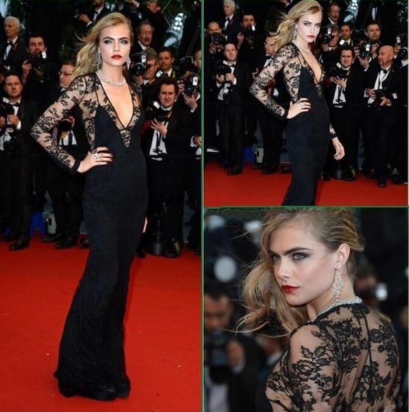 Cara Delevingne Sheer Top V Neck Long Sleeves Black Lace Celebrity