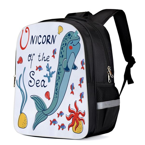

cartoon unicorn of the sea backpacks school bag child book bag sports bags bottle side pockets school student silver edge