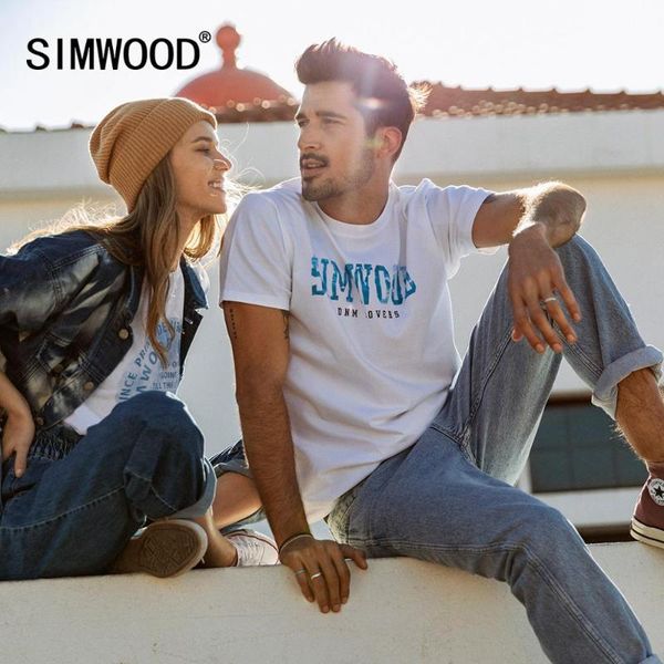 

simwood 2020 весна лето новое письмо печать футболки мужчин мода 100% хлопок вершины короткий рукав рубашки плюс размер sj120010, White;black