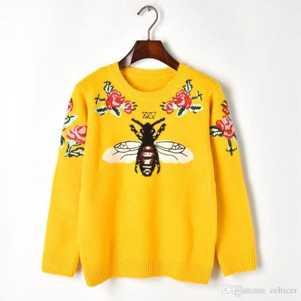 

new wool winter women sweater bee flower embroidery luxury yellow knitted sweater vintage warm jumper pullover, White;black