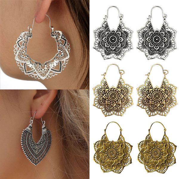 

pohour 18 styles boho hollow out antique silver tone gypsy tribal ethnic drop dangle earrings for women mandala flower earrings