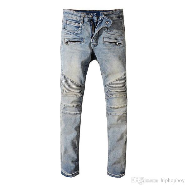 

fashion brand mens distressed ripped biker jeans slim fit motorcycle biker denim for men designer hip hop mens jeans, Blue