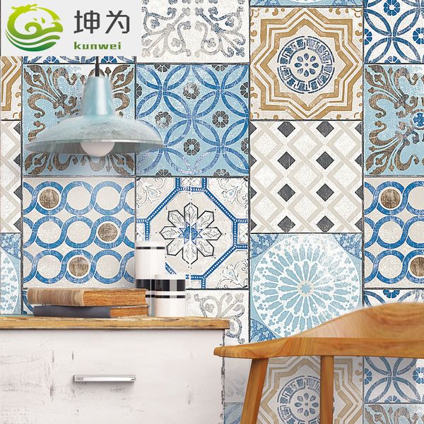 

new fashion white and blue faux tile wallpaper roll mediterranean style pvc wall paper living room tv background wall study room wallpaper