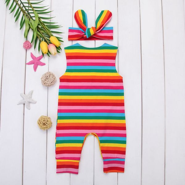 

newborn baby girls kids rainbow romper jumpsuit + headband 2pcs casual clothes outfits 0-24months kids, White