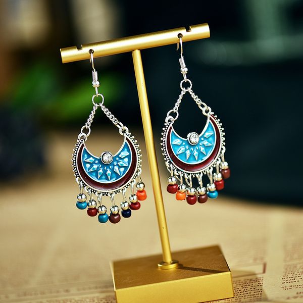

boho crescent flower beads tassel drop earrings for women 2020 ethnic geometric alloy jhumka dangling earrings, Silver