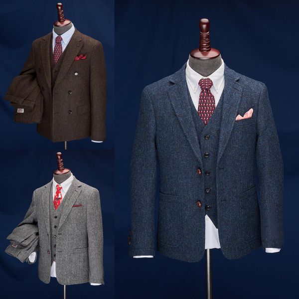 

(wedding tuxedos tweed herringbone groom wear groomsmen suits 2019 modest slim fit mens business suit jacket + pants + vest men's suits, Black;gray