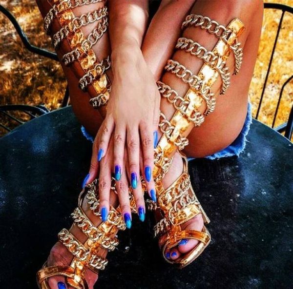 

boots lttl fashion women open toe knee high chain design gladiator stiletto heel gold sandal dress shoes, Black