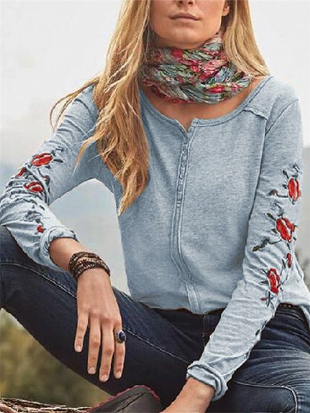 

для женщин новый вышитые цветок повседневный tshirt шею длинным рукавом белый возьмите famale дна рубашки, White