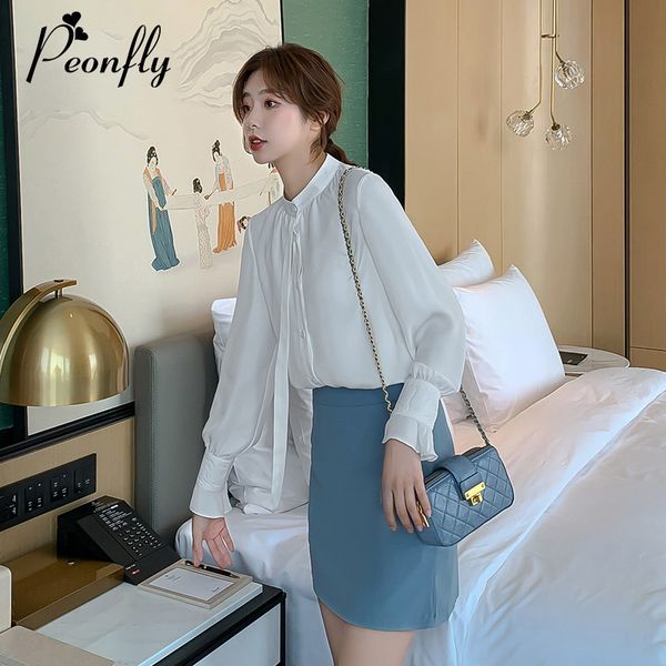 

peonfly 2020 spring women fashion long sleeve single breasted blouse casual o neck shirts elegant chiffon blouse white pink