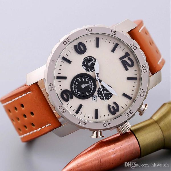 

2019 new fashion big dial luxury fashion design men watch leather strap quartz watches montre clock relogio relojes de marca wristwatch, Slivery;brown