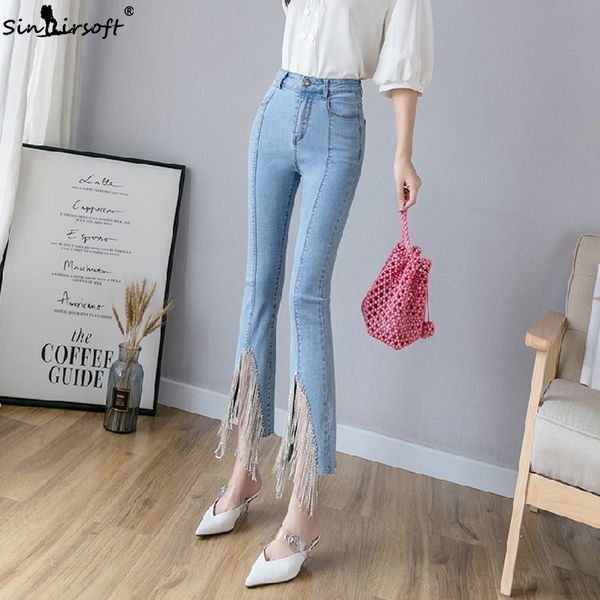 

women jeans flare pants high waist beading tassel ankle-length denim pants woman fashion light blue trousers summer new 2019