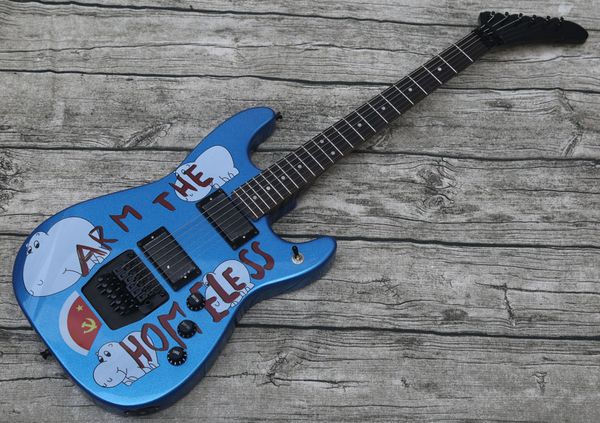 Özel Tom Morello Kol Evsiz Metal Mavi Elektro Gitar Kopya EMG Manyetikleri, Floyd Rose Tremolo Köprü Kilitleme Somunu, Siyah Donanım