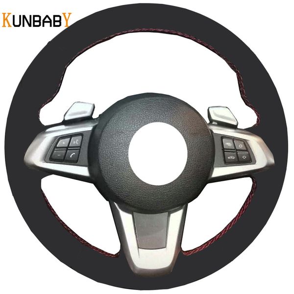 

kunbaby black suede diy car steering wheel cover case for e83 z4 2009-2014 car accessories