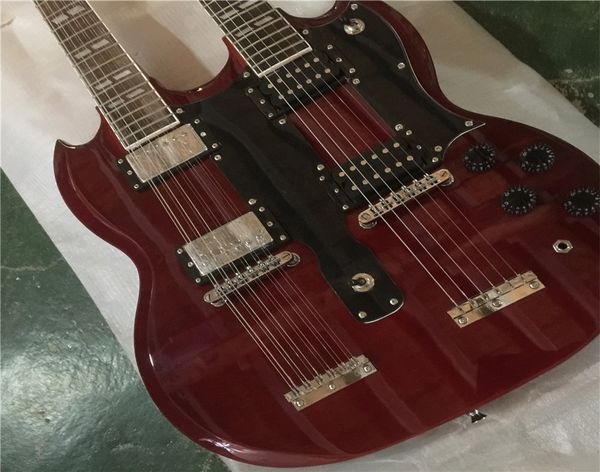 

ustom jimmy page 12 & 6 strings 1275 double neck led zeppeli page signed aged wine red body electric guitar