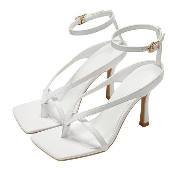 

trendy white black squared toe v strap high heels designer sandals lady dress shoes size 34 to 40