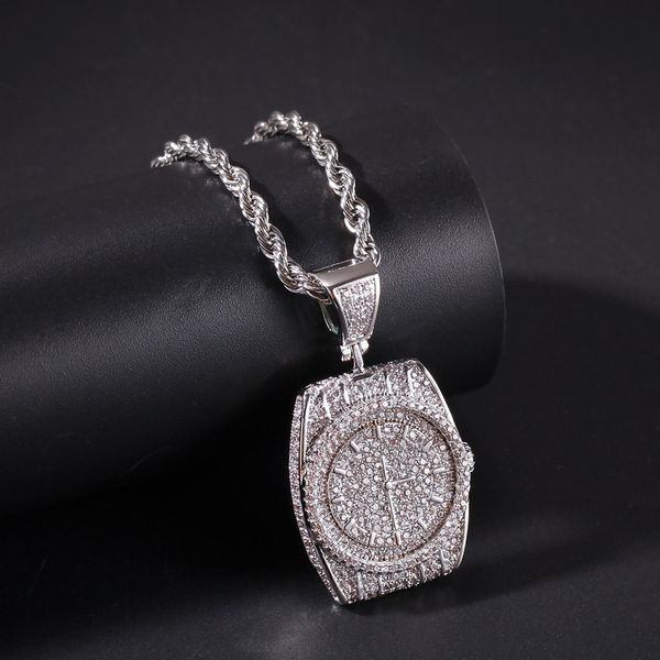 

fashion-r dial pendant necklace mens hip hop necklace jewelry new fashion watch pendant necklaces with gold cuban chain, Silver