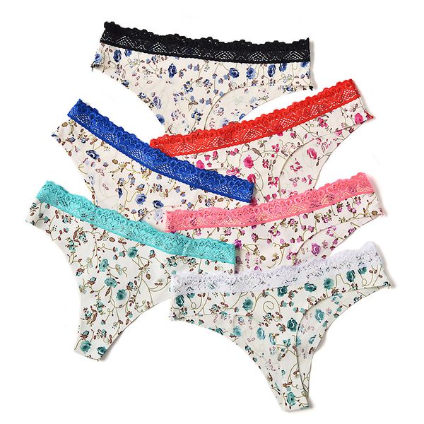 

flower printing g string floral underwear new women seamless thongs ice silk panties women thong plus size tangas, Black;white