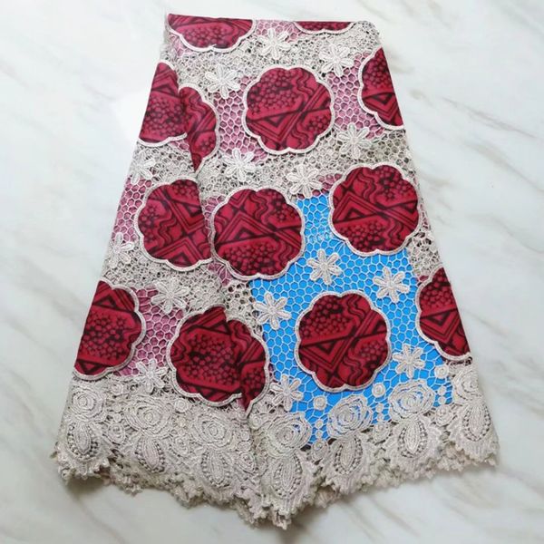 

5yards/pc khaki flower african water soluble lace embroidery and wine printed cotton wax fabric for dress bw60-16, Black;white