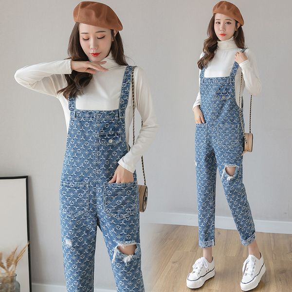 

2019 autumn women's harlan denim overalls printed hole jeans women, Blue