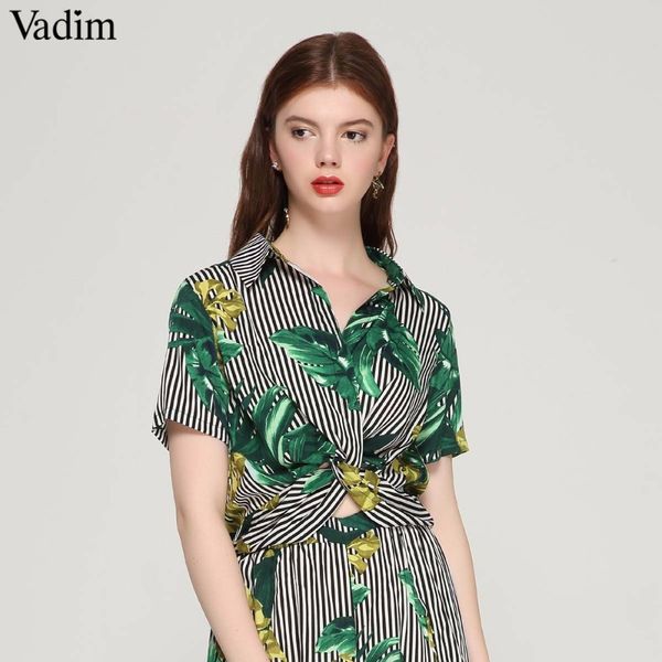 

vadim элегантные листья полосатые печать на полях вершины плиссе крест дизайн короткий рукав блузки короткий стиль уличной вершины blusas da, White