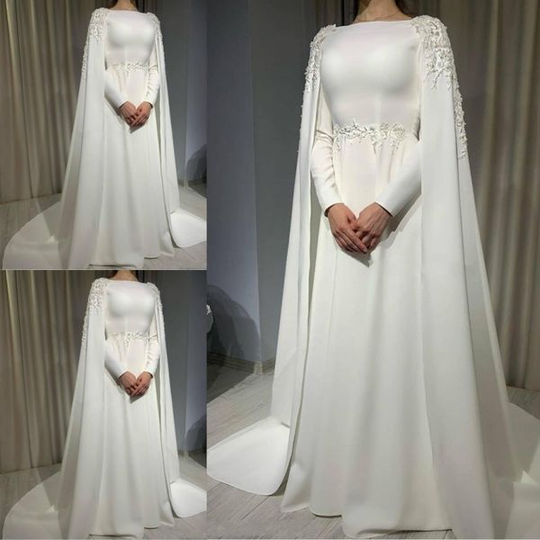 Einfache weiße Brautkleider, Spitzenapplikationen, Cape-Stil, lange Ärmel, Brautkleider, A-Linie, Sweep-Zug, Hochzeit, Vestidos