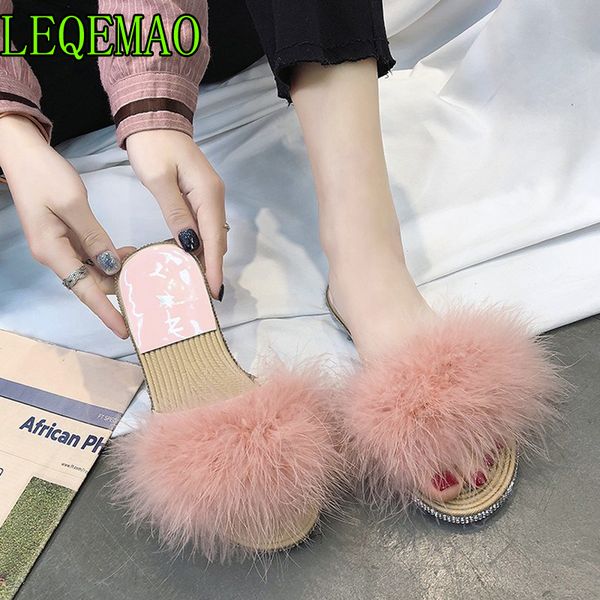 

fur furry slide sweet feather flat bottom beach female sandals hair flip flops women home slippers outside crystal shoes, Black
