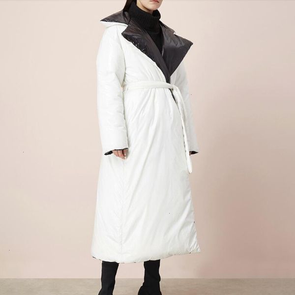 

pu leather hit color lace up women's coats lapel collar long sleeve thick parkas coats 2 kinds of wears, Black