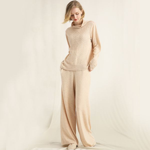

knitted suits women two pieces set 30% wool blends long sleeves full length pants 2 colors simple design new elegant style 2018, Gray