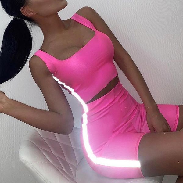 

для женщин из двух частей наборы 3m reflective tank top короткий костюм высокой талией без рукавов короткие брюки узкие подходит, White