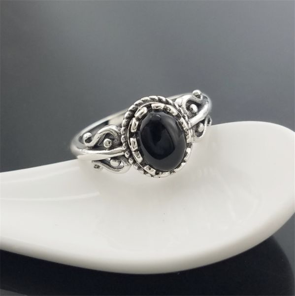 

black natural agate gem stone 925 sterling silver vintage ring women antique thai silver s925 real pure onyx retro ring, Golden;silver