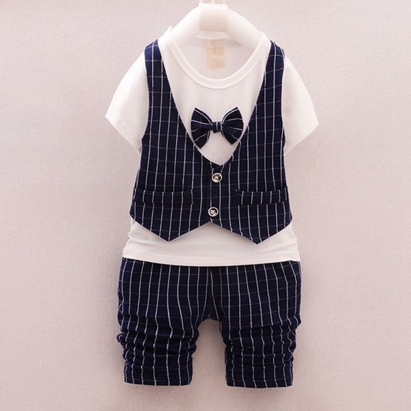 

summer baby boys short sleeve fake 2 piece clothes set plaid print blouse t-shirt+shorts for children, White