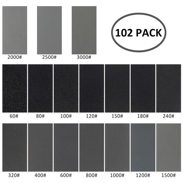

102pc wet dry sandpaper 60 to 3000 grit assortment abrasive paper sheets for automotive sanding wood furniture finishing