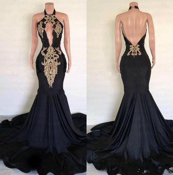 

black backless v neck long mermaid prom dresses 2020 halter gold applique satin backless african black girls formal party gow275v