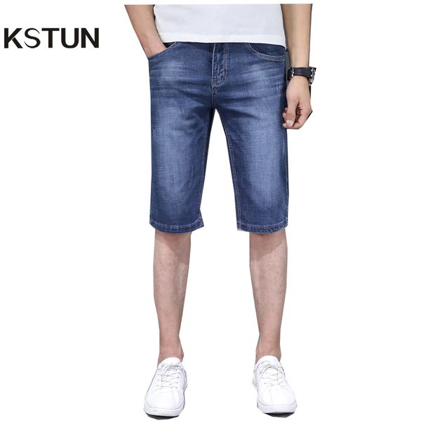 

kstun men's jeans trousers summer shorts light blue stretch denim short slim fashion shorts man casual mens jeans de homme newly