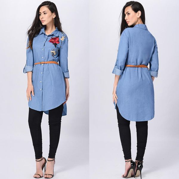

hj fashion embroidery girl's denim shirt casual turn down collar long sleeve blouses for muslim women clothing, Red